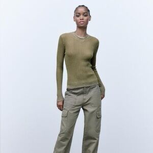 Olive Ribbed sheer Long Sleeve Top